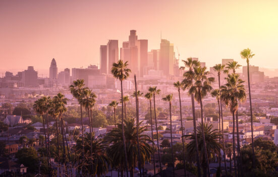 Beautiful,Sunset,Of,Los,Angeles,Downtown,Skyline,And,Palm,Trees